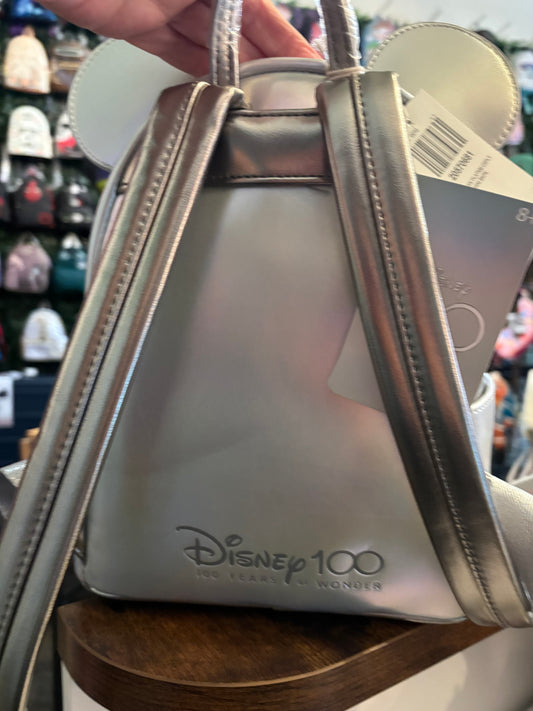 Loungefly Minnie Mouse Silver Polka dots and Sequin bow 100 years mini Backpack
