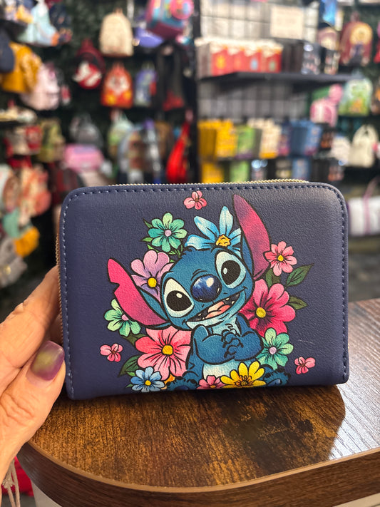 Loungefly Soft tag Stitch Floral Dark blue zip around wallet