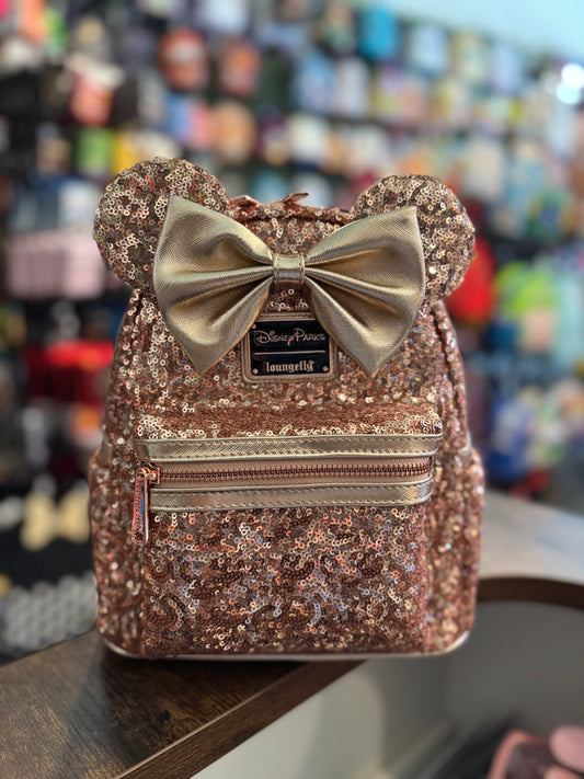 Loungefly Disney Minnie Mouse Rose Gold Sequin, Disney Parks Mini-backpack