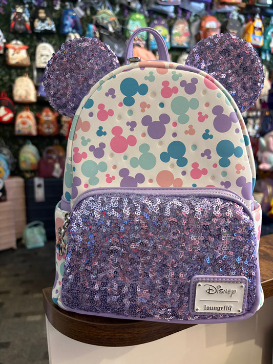 Loungefly Disney Mickey Mouse AOP Purple Sequin Mini Backpack