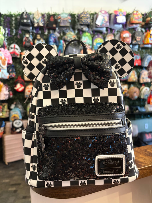 Loungefly Minnie Mouse Black and White Checker board w/black sequins AOP 2024