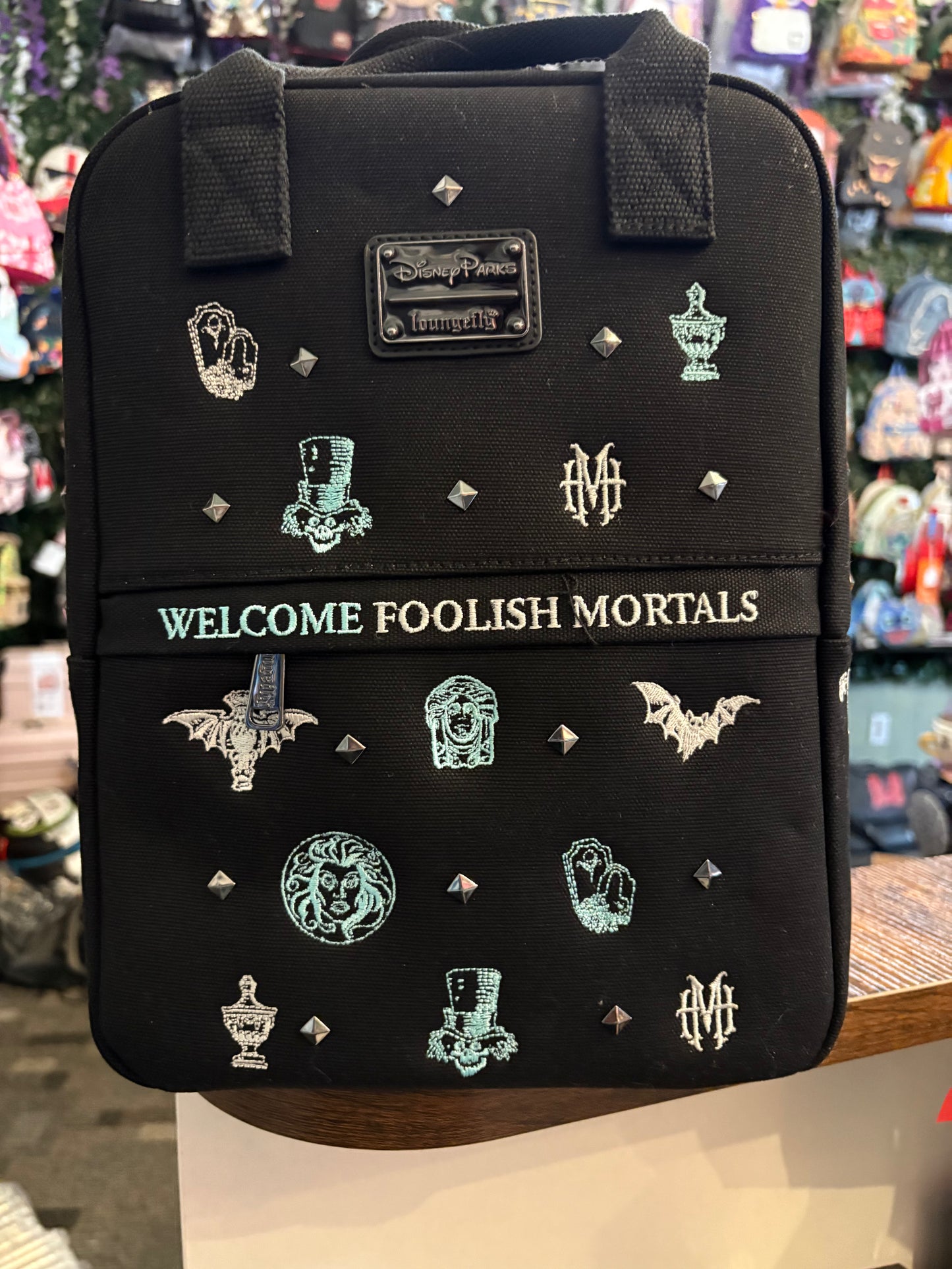 Loungefly Disney Parks Haunted Mansion Canvas Black mini backpack embroidered and studded