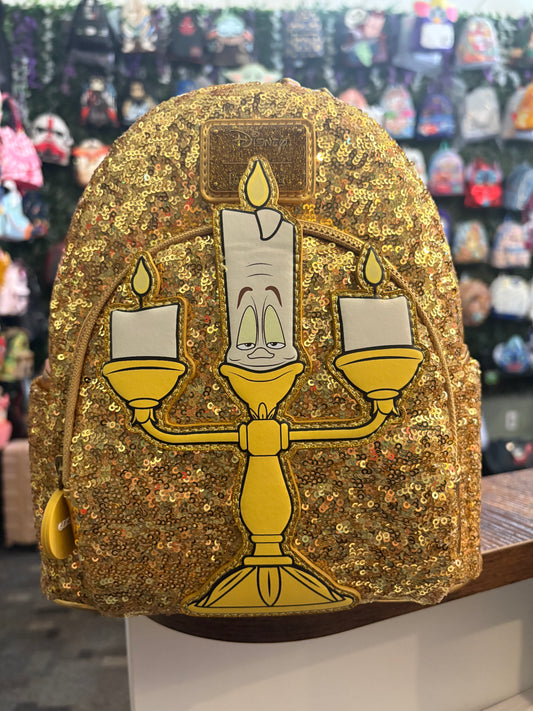 Loungefly Disney Beauty and the Beast Lumiere Glow in the dark Gold Sequins mini Backpack