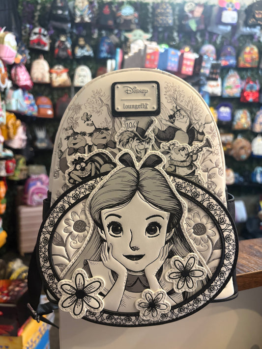 Loungefly Disney Alice in Wonderland Sketch AOP black and white