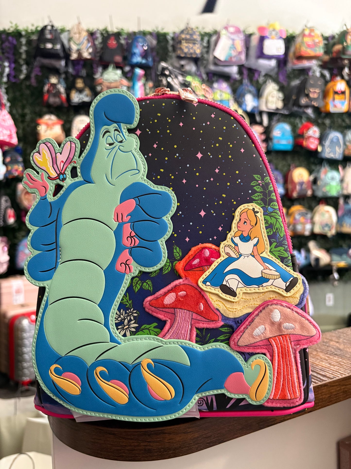 Loungefly Neon Mushroom Caterpillar Alice in Wonderland mini Backpack
