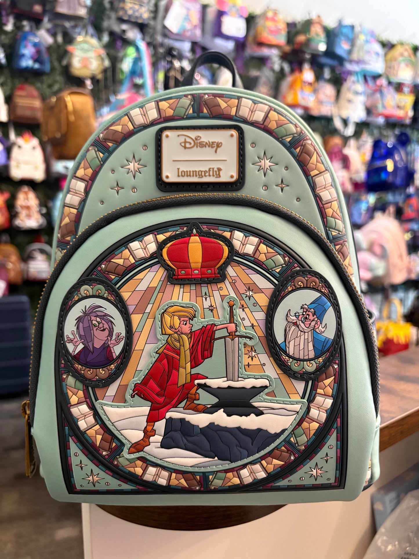 Loungefly Sword and Stone Stained Glass mini backpack