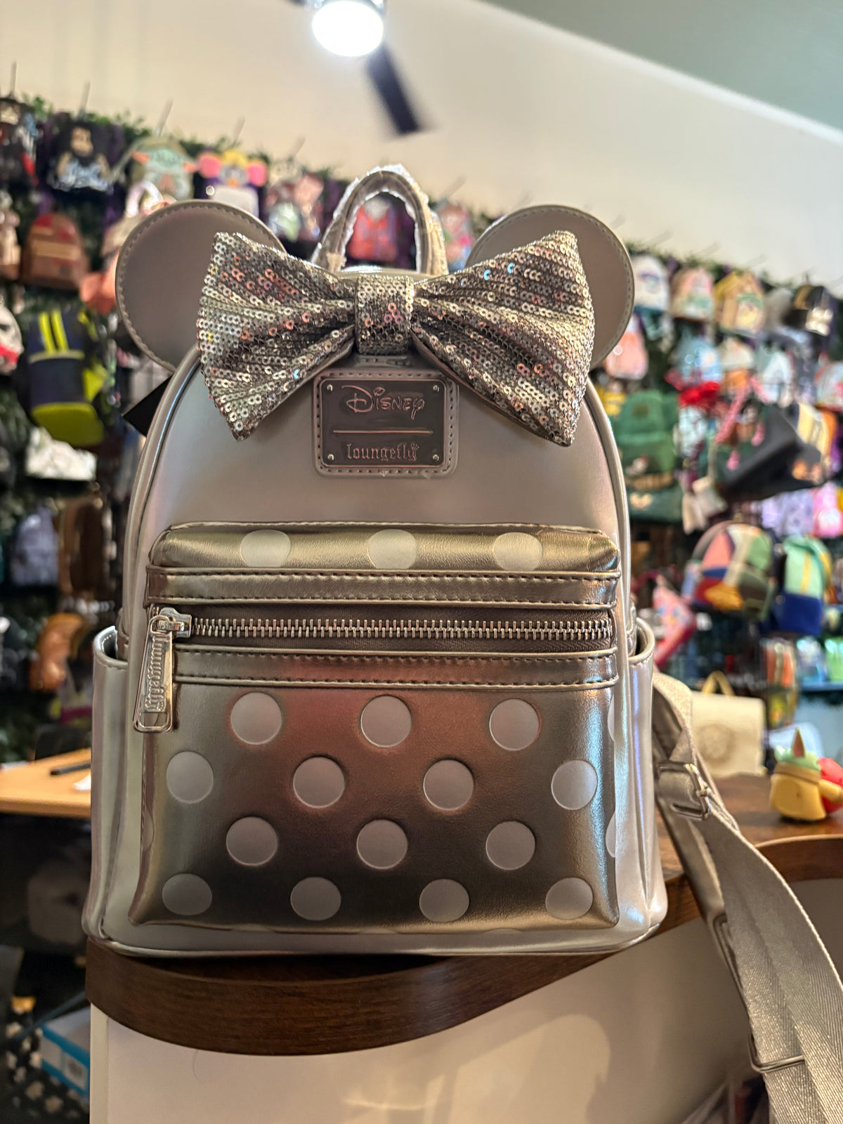 Loungefly Minnie Mouse Silver Polka dots and Sequin bow 100 years mini Backpack
