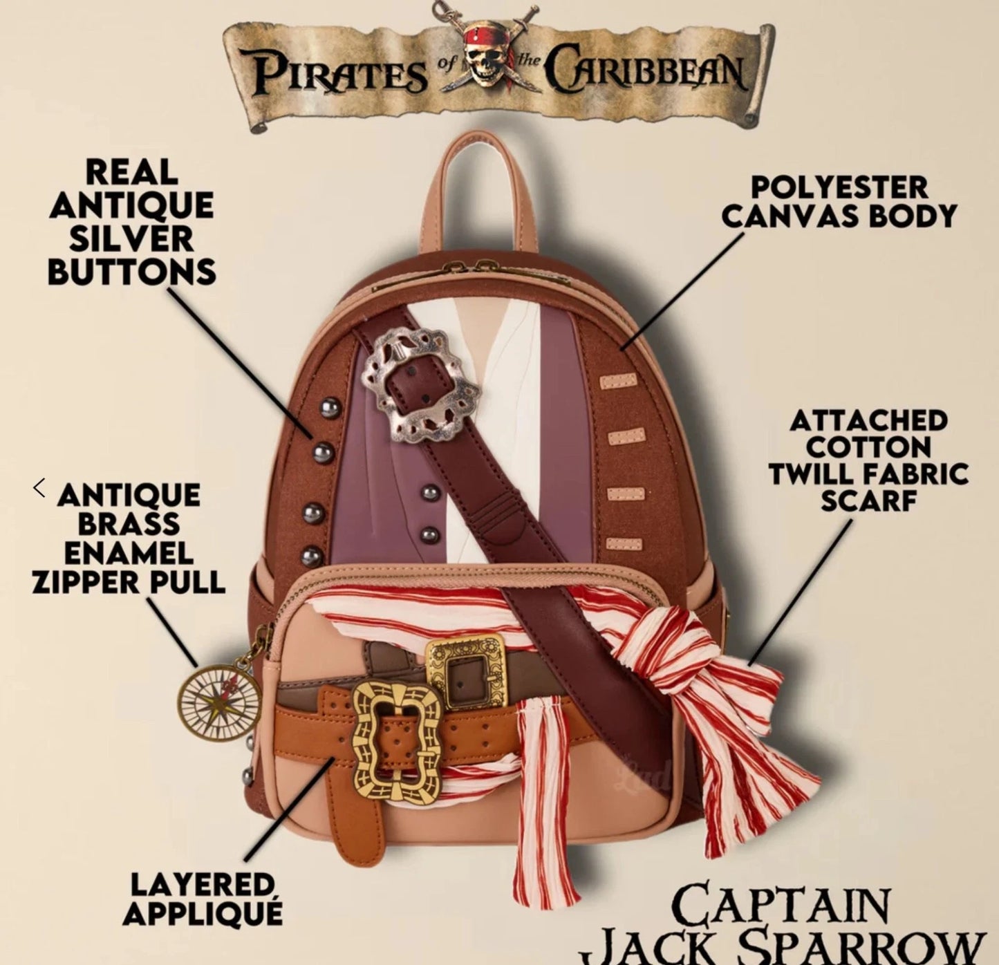 Loungefly Disney Jack Sparrow Costume Cosplay Mini Backpack